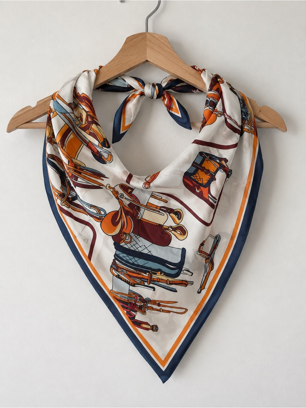 Silk-Feel Printed Square Scarf in White, Navy & Orange